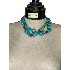 Turquoise & Red Coral 8” Necklace Double Strand Sterling Silver “S” Clasp